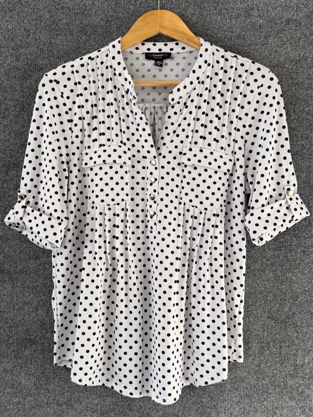 Cocomo Womens Polka Dot 3/4 Sleeve Top Size Large Petite White Black Stretch